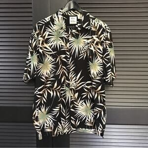Pau Hana Hawaiian Shirt, Navy with Palm Fronds, Coconut Buttons, Size Medium